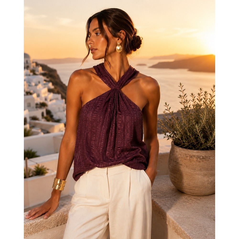 FRAME Cabernet Textured Silk Halter Top Purple Sleeveless Blouse S NWT